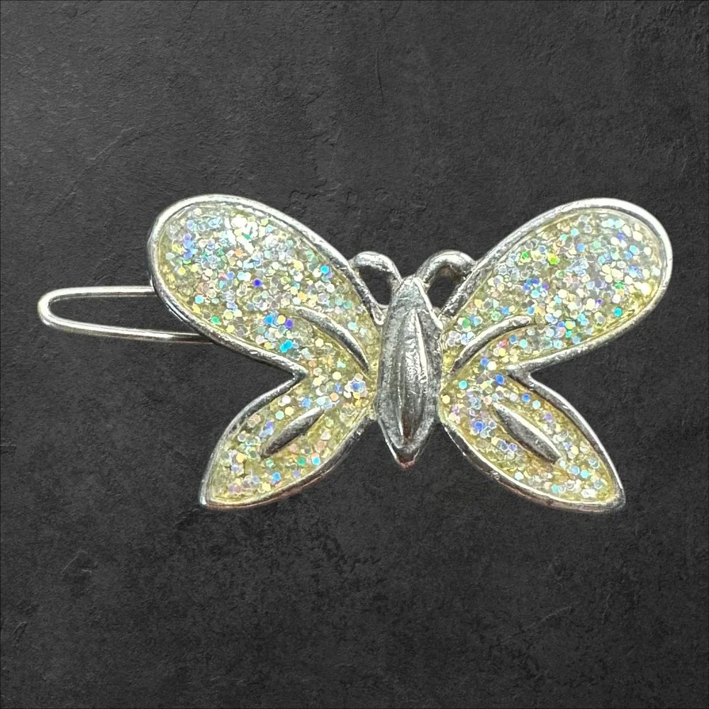 Unmarked‎ Butterfly Hair Clip/Barrette.Silver Toned Glitter Enamel Y2K Fairycore